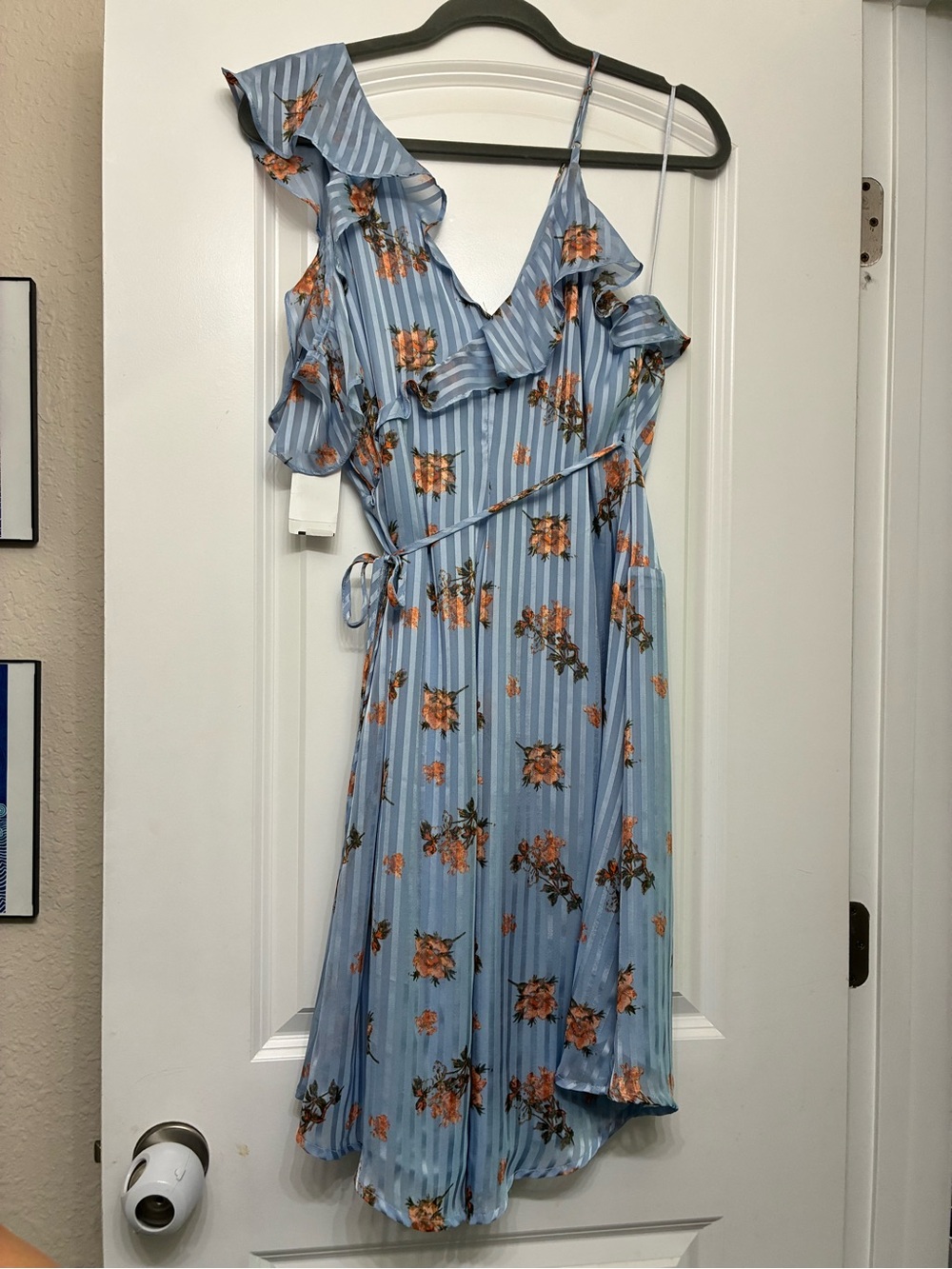 Light Blue Floral Ruffle Midi Wrap Dress